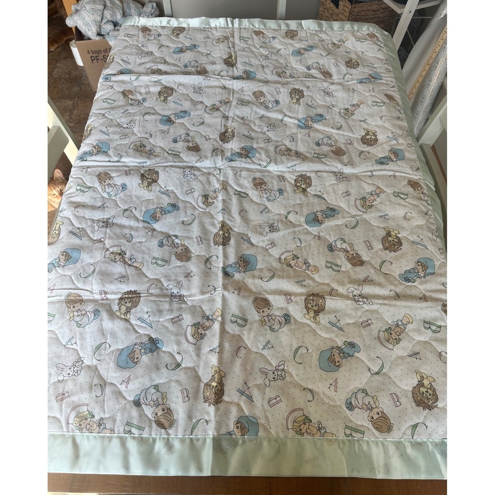 Precious Moments Alphabet Animal Quilted Baby Blanket Blue Satin Trim Reversible - Picture 7 of 7